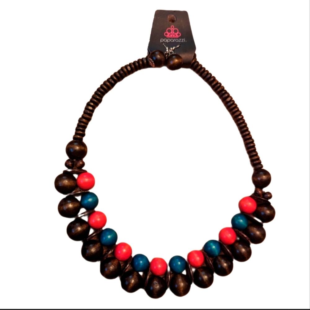 Paparazzi Caribbean Cover Girl Wooden Bead Bright Boho Neck & Earrings Set NWT